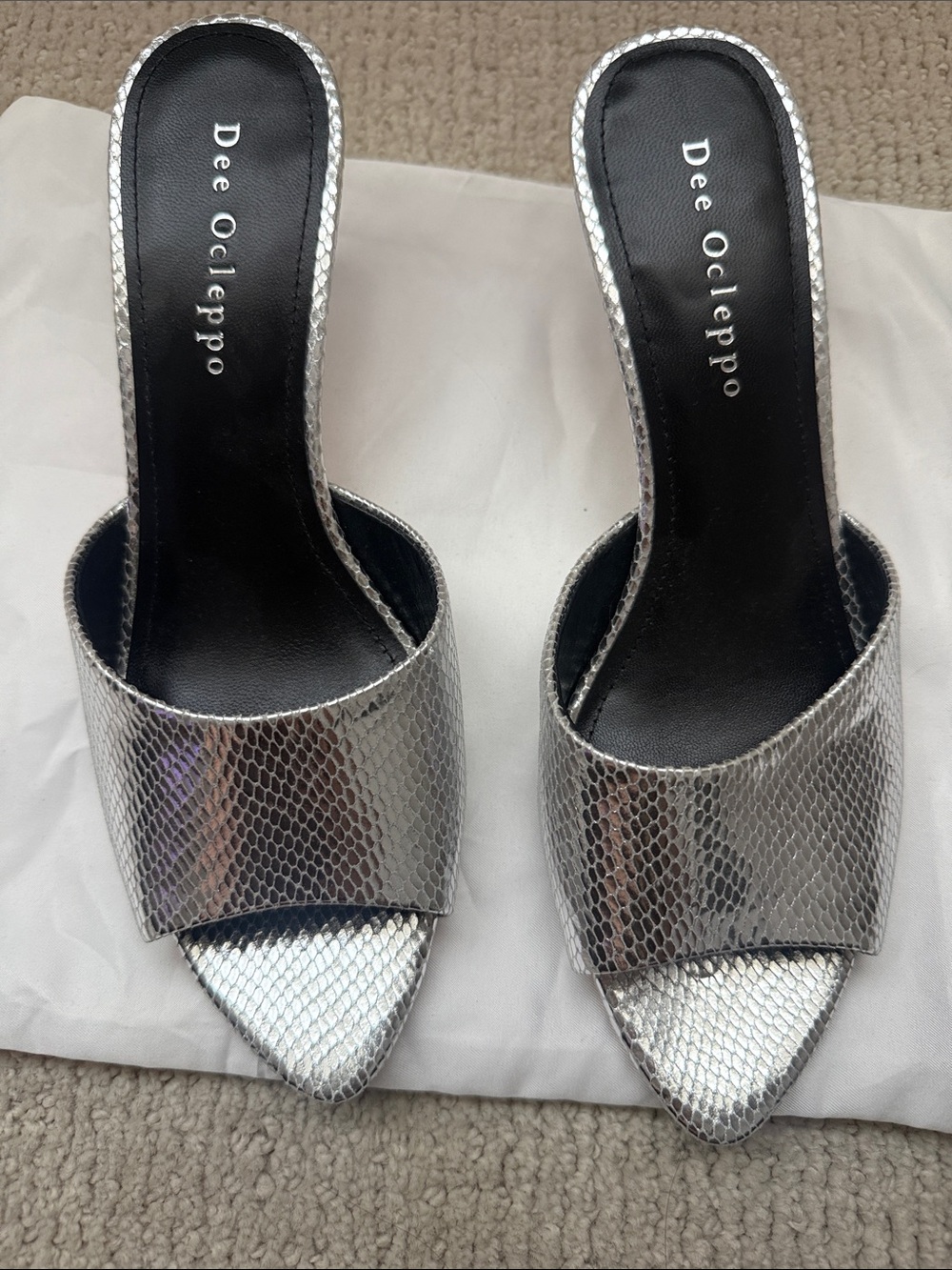Dee Ocleppo Metallic Silver Snake-Embossed Pointed Slide Mules